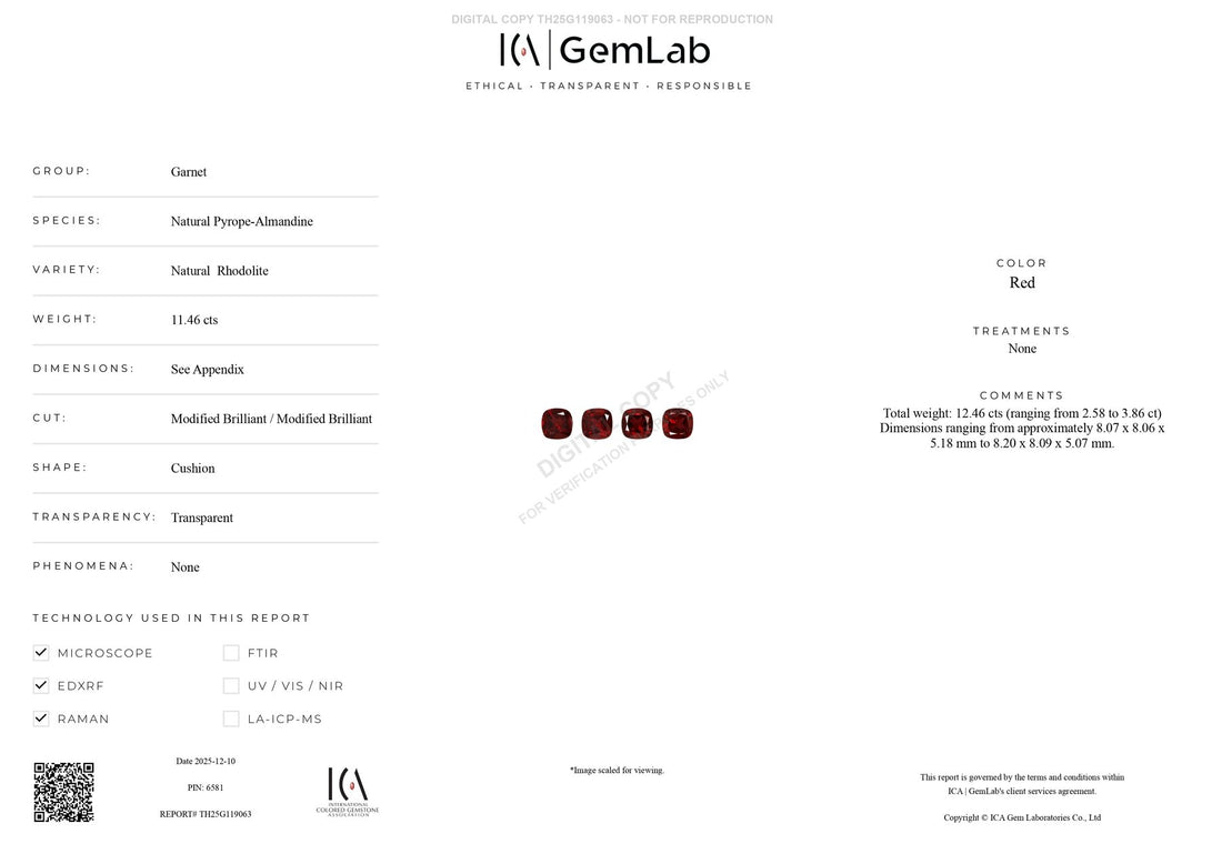Natural Red Rhodolite Garnet Parcel – 4 pcs – 11.46 ct – Cushion Cut – ICA GemLab Certified