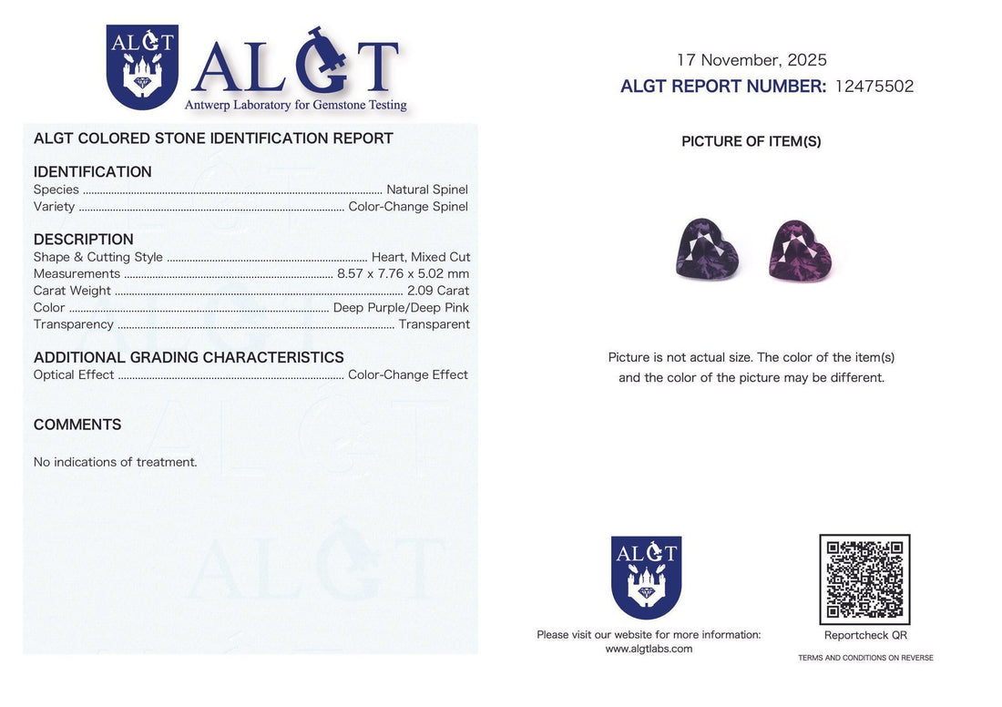 Rare 2.09ct Heart Color-Change Spinel | Deep Purple to Pink | Natural & Unheated | ALGT Certified