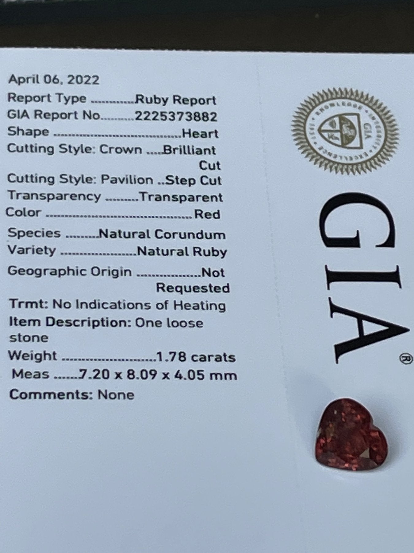 Ruby 1.78 ct – Heart Cut – No Heat – Certified Natural Ruby