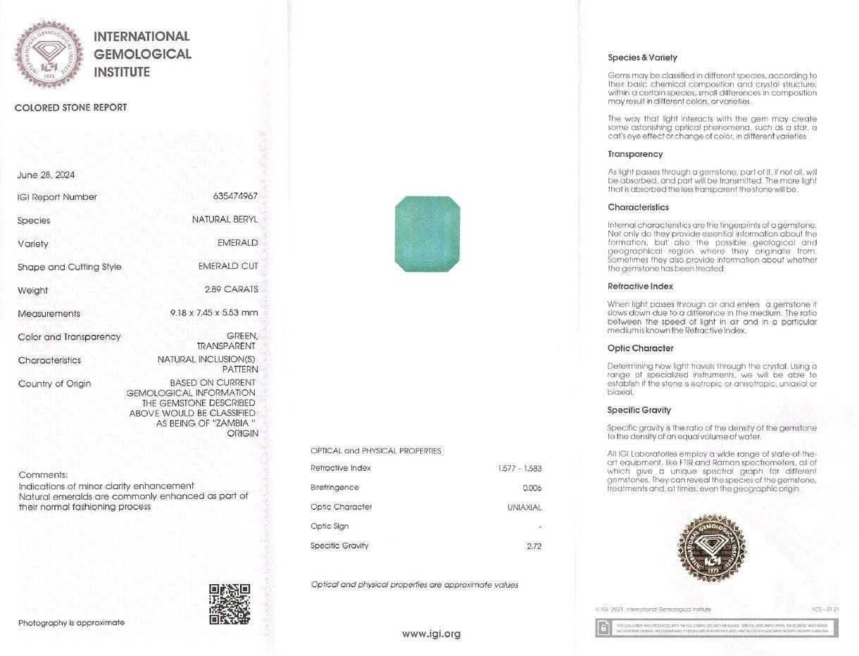 Exceptional 2.89ct Natural Green Emerald | IGI Certified | Investment Grade Gemstone